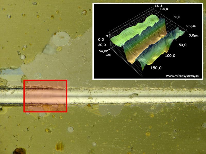 Царапина на металле при исседовании твердости конт. Keyence VHX-1000